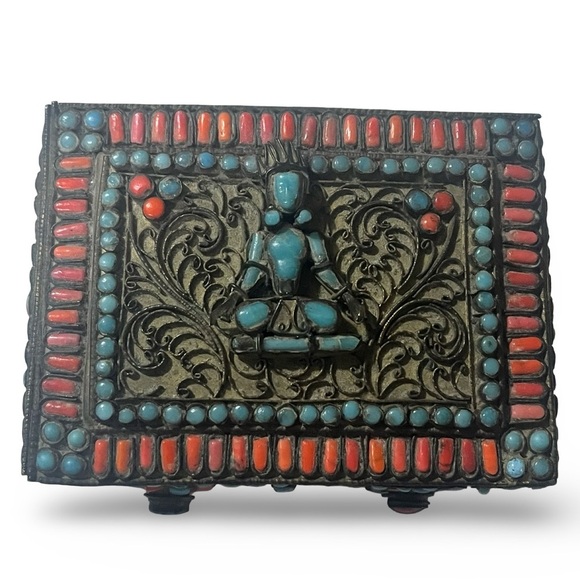 Other - Vintage Tibetan Brass Turquoise Coral Inlay Hinged Prayer Box